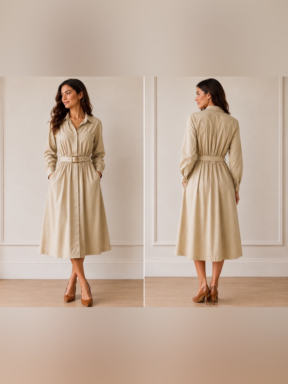 Belted Shirt Midi Dress in Beige
